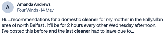 Community post from Amanda Andrews seeking a domestic cleaner for her mother in north Belfast