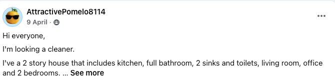 Facebook post from someone looking for a cleaner for a two-storey house