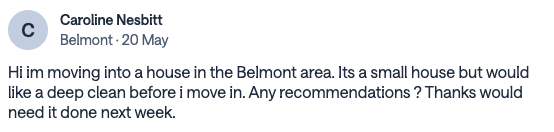 Community post from Caroline Nesbitt requesting a deep clean before moving into a house in Belmont