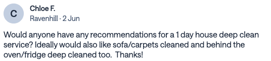 Community post from Chloe F asking for recommendations for a one-day deep clean including carpets and appliances