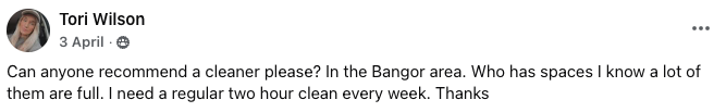 Facebook group post asking how much a weekly cleaner costs for a three-bedroom house in Newtownards
