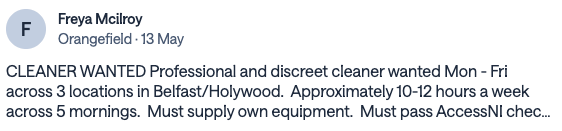 Job post from Freya Mcilroy looking for a professional cleaner across Belfast and Holywood