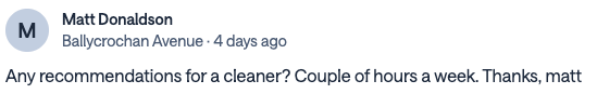 Community post from Matt Donaldson asking for cleaner recommendations for a couple of hours a week