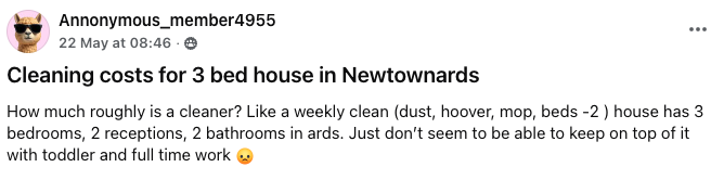 Facebook post from Tori Wilson asking for a cleaner in Bangor who has availability for weekly two-hour cleans