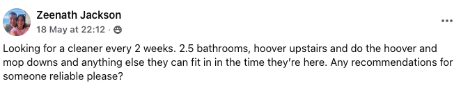 Facebook post from Zeenath Jackson asking for a reliable fortnightly cleaner recommendation